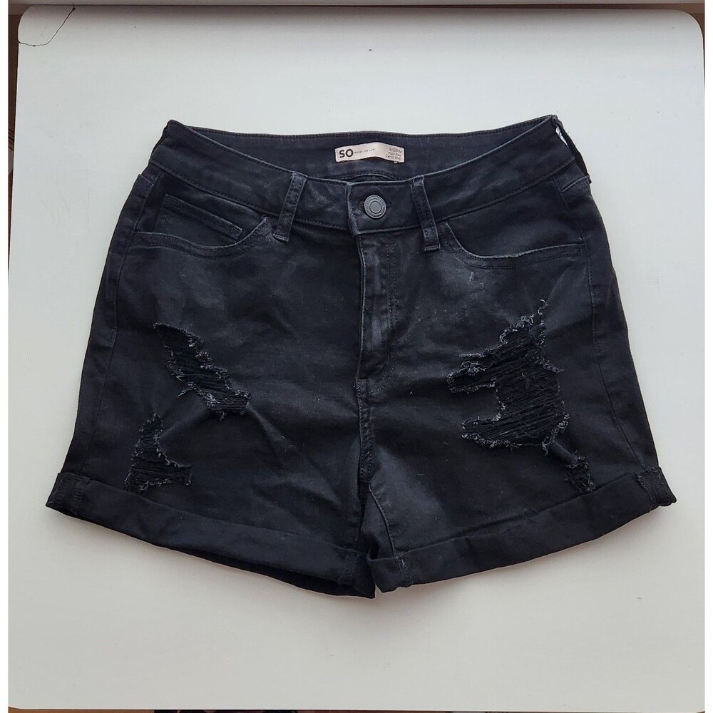 So High Waisted, Curvy Midi Distressed Black Shorts, 9/29W
